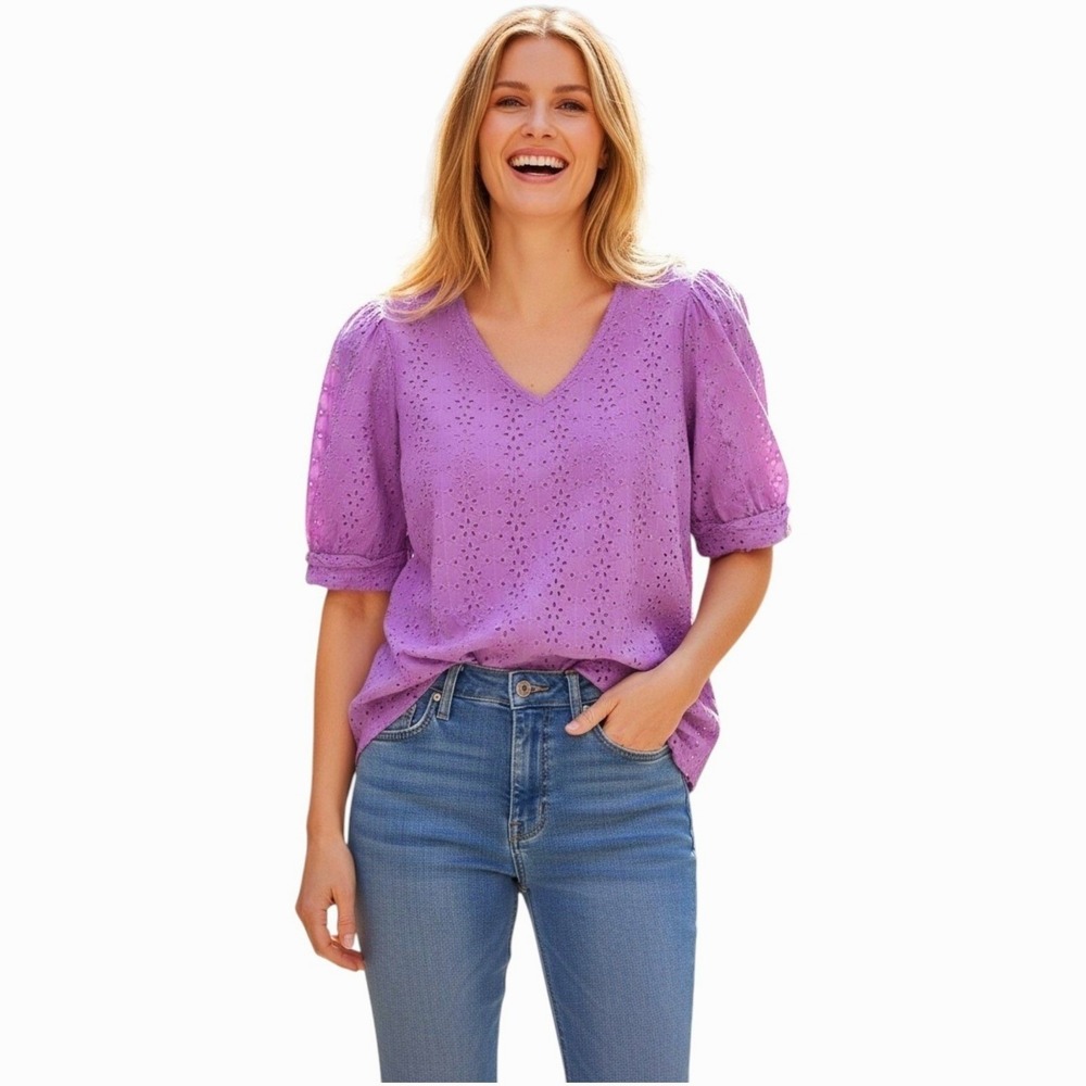 Draper James Purple‎ Eyelet Puff Sleeve Cotton Blouse Top Preppy Summer Large